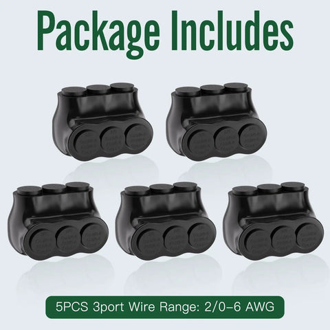 5 Pack 3 Port Insulated Multi Tap Wire Connectors Single Sided Entry For 2/0 To 6 AWG Dual Rated Copper And Aluminum Beast Mode Heavy Duty Black Vinyl Coated Electrical Splice Kit displayed.