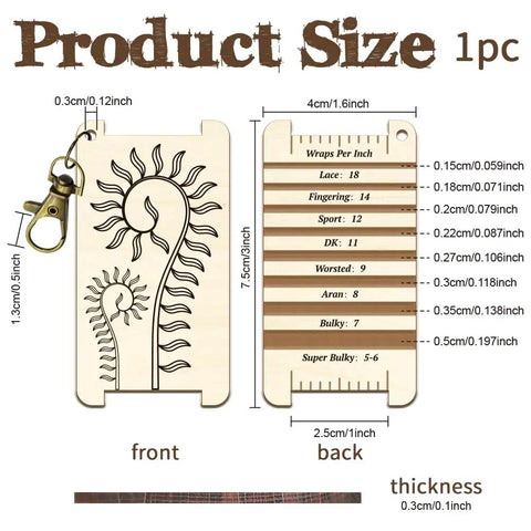 Wooden Yarn Wrap Guide Board With Clasp WPI Gauge for Spinners with spiral leaves design, size 1.6x3 inches.