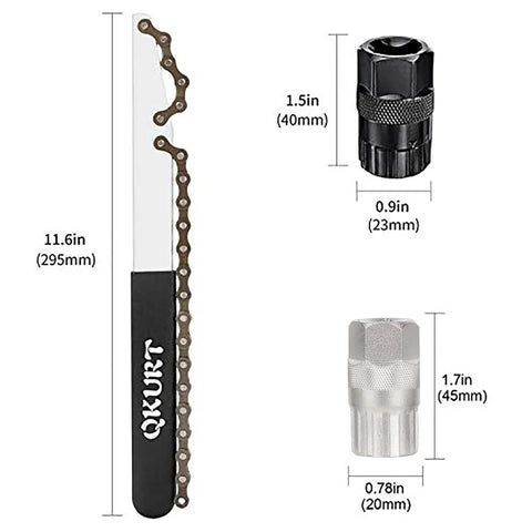 Bike Chain Whip Tool Kit Universal For Cassette And Tourney With Pro Grade Upgrade Sprocket Remover Tool Three Piece Set displayed with measurements