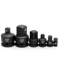 Six Piece Drive Impact Socket Adapter Set For 1/4, 3/8, 1/2, 3/4 Inch Drives With Pin Retention, CR-MO Alloy, displayed in a row
