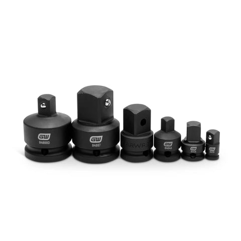 Six Piece Drive Impact Socket Adapter Set For 1/4, 3/8, 1/2, 3/4 Inch Drives With Pin Retention, CR-MO Alloy, displayed in a row