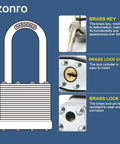 Heavy Duty Laminated Steel Padlock Set With Keyed Alike Locks That Are Tough As Nails, 1 9/16 Inch Wide Body, Long Shackle, Blue Plastic Hoop, Pack Of 24 For Locker, Gate, And Outdoor Storage Security displaying brass key, lock core, and lock pin details.