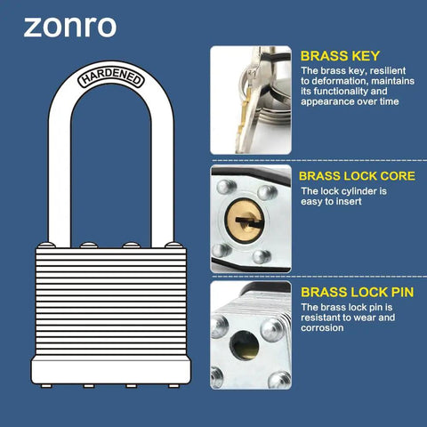 Heavy Duty Laminated Steel Padlock Set With Keyed Alike Locks That Are Tough As Nails, 1 9/16 Inch Wide Body, Long Shackle, Blue Plastic Hoop, Pack Of 24 For Locker, Gate, And Outdoor Storage Security displaying brass key, lock core, and lock pin details.