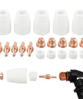 Premium 20-Pack Plasma Cutter Consumables For PT-31 Torch Nozzle Tips Electrodes including copper tips and white ceramic nozzles.