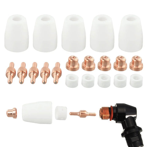 Premium 20-Pack Plasma Cutter Consumables For PT-31 Torch Nozzle Tips Electrodes including copper tips and white ceramic nozzles.