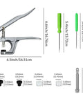 All Purpose Snap Pliers Kit For Crafts And Clothing showing pliers, screwdriver, awl, bases, rod with measurements.