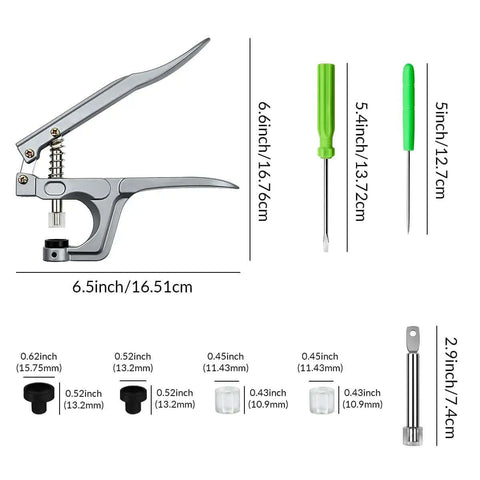 All Purpose Snap Pliers Kit For Crafts And Clothing showing pliers, screwdriver, awl, bases, rod with measurements.