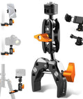 Heavy Duty Camera Clamp Mount with Two 360 Degree Ball Heads Magic Arm for DSLRs, action cameras, phones, compatible with tripods.