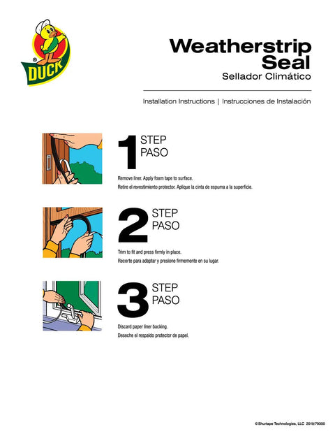 Installation steps for self adhesive foam weatherstrip seal for large gaps, showing application around doors and windows.