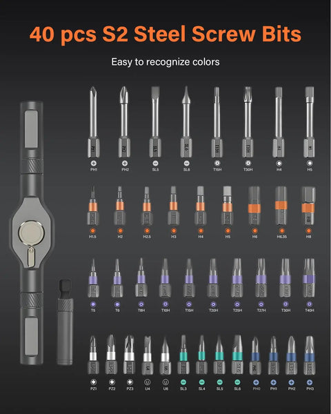 40-piece S2 chrome moly bits from 42 In 1 Magnetic Ratchet Screwdriver Set With Detachable Handle, Magnetic Bit Holder displayed.