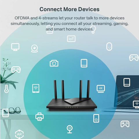 Dual Band AX3000 WiFi 6 Router Archer AX55 For Home Internet with icons for streaming and smart devices.