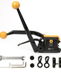 Hefty No Fuss Sealless Steel Strapping Tool And 3 In 1 Manual Metal Banding Machine With Drop Dead Easy Tensioner Sealer Cutter For Half Inch Five Eighths Bands Tighten Pallets And Crates Without Buckles Quick Yellow with tools.