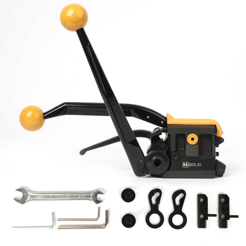 Hefty No Fuss Sealless Steel Strapping Tool And 3 In 1 Manual Metal Banding Machine With Drop Dead Easy Tensioner Sealer Cutter For Half Inch Five Eighths Bands Tighten Pallets And Crates Without Buckles Quick Yellow with tools.