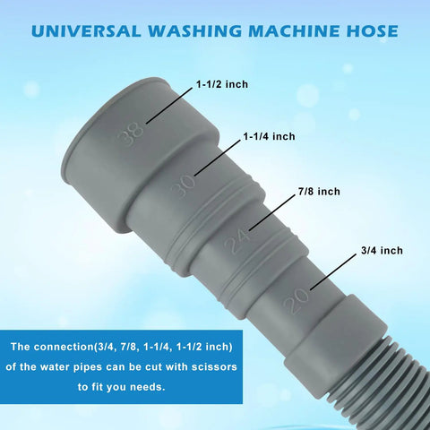 8 Feet Washing Machine Drain Hose Extension Kit With Gray Flexible Corrugated Hose Clamps And Mounting Bracket For Easy Install No Fuss Setup Universal Compatibility With Most Machines And Dishwashers Durable Long Reach Drain Solution showing various connection sizes.