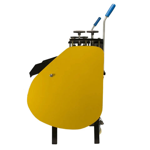 Side view of WRA40R Automatic Electric Wire Stripping Stripper Workhorse with yellow guard and blue handles, designed for heavy duty cable peeling.