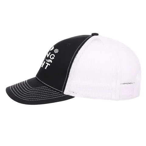 Side view of Everyday Men's Breathable Outdoor Trucker Hat For Summer Adventures in black and white design with curved brim.
