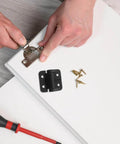 Installing Torque Cabinet Door Hinge Kisangel 1.8Nm Compact Alloy Adjustable Close Hinge with screws and tools shown