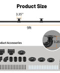 Heavy Duty Industrial Staircase Handrails Nine Feet Long Cut From Solid Galvanized Steel Pipe For Serious Corrosion Protection And Totally Hassle Free No Sweat Railing Setup At Home Today, showing product dimensions and accessories.