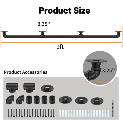 Heavy Duty Industrial Staircase Handrails Nine Feet Long Cut From Solid Galvanized Steel Pipe For Serious Corrosion Protection And Totally Hassle Free No Sweat Railing Setup At Home Today, showing product dimensions and accessories.