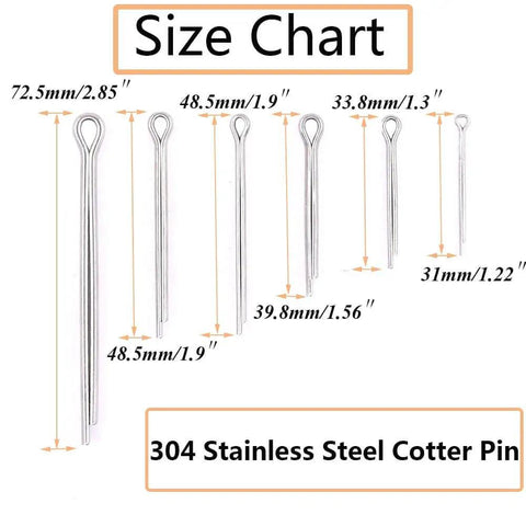 Size chart of 100 Piece 304 Stainless Steel Cotter Pin Clip Fastener Assortment Kit For Automotive Mechanics And Small Engine Repair Six Size Set M1.5x25 M2.5x25 M2.5x40 M3.2x30 M3.2x40 M4x60 Corrosion Resistant Anti Rust For Cars Trucks Power Equipment Garage Tools