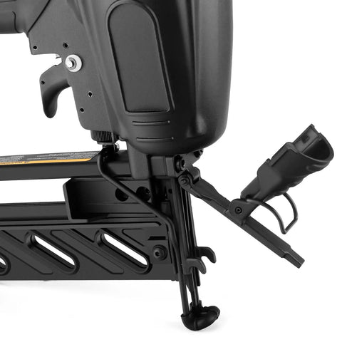 Close-up of lightweight 16 gauge finish nailer with magnesium housing, showing quick jam release feature and adjustable depth drive.