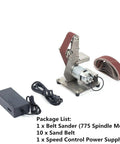 Electric Mini Belt Sander Heavy Benchtop Grinder And Polisher Sporting 9000Rpm Adjustable Speed with sanding belts and power supply.