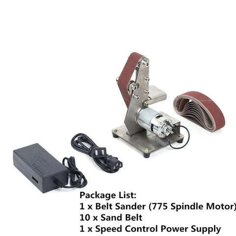 Electric Mini Belt Sander Heavy Benchtop Grinder And Polisher Sporting 9000Rpm Adjustable Speed with sanding belts and power supply.