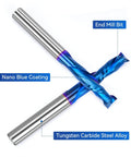 Two Pack Up Down Spiral Router Bits With One Quarter Inch Shank And One Quarter Inch Cutting Diameter Nano Blue Coated Solid Carbide CNC End Mills For Wood Carving Engraving And Milling Pro Grade Dual Action Compression Bit Set.