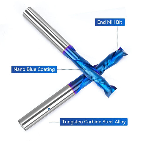 Two Pack Up Down Spiral Router Bits With One Quarter Inch Shank And One Quarter Inch Cutting Diameter Nano Blue Coated Solid Carbide CNC End Mills For Wood Carving Engraving And Milling Pro Grade Dual Action Compression Bit Set.