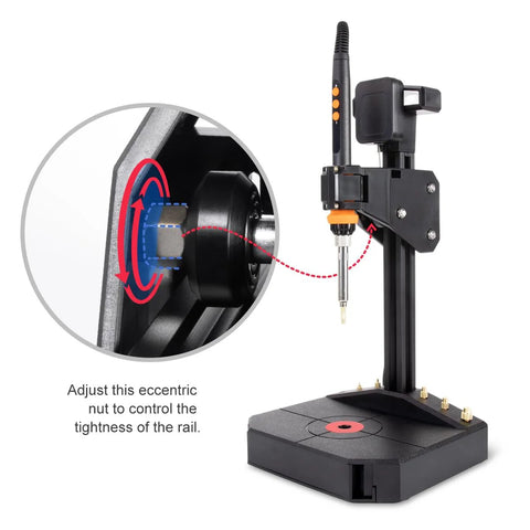 Front view of black vertical heat-set insert tool with orange controls and 90W soldering iron on stand; inset close-up of eccentric nut