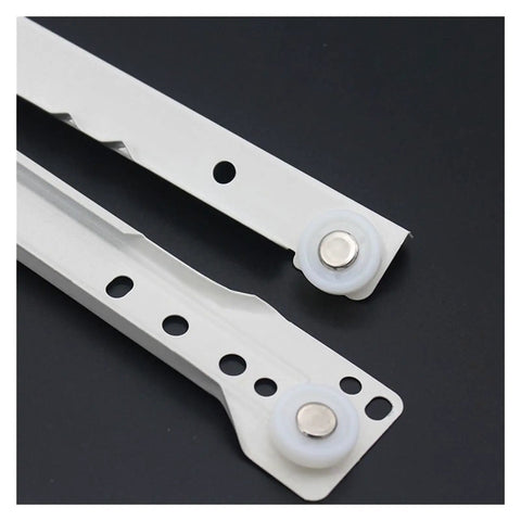 Two Cabinet Rails And Drawer Track Slides For Quiet Smooth Movement On Computer Desks And Keyboard Setups Includes Chute And Roller Pulley System For Cabinets No Fuss Install 16 Inch Length, close-up of white rails and rollers.