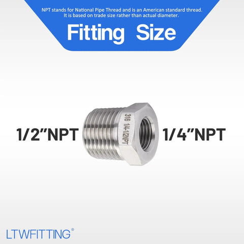 No Nonsense Heavy Duty Stainless Steel 316 Hex Bushing Reducer 1/2 Male NPT To 1/4 Female Pipe Fitting side view