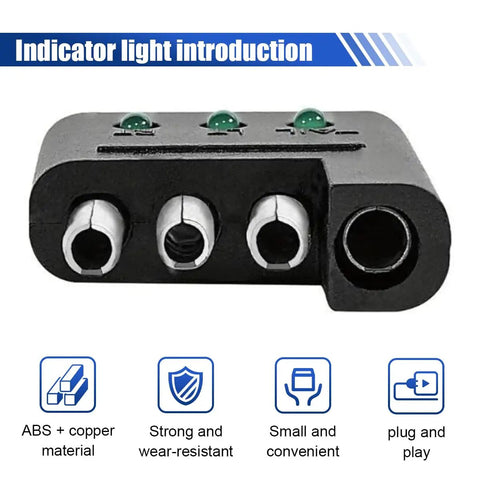 4 Pin Trailer Plug Tester With LED Indicators, black ABS and copper trailer plug tester with 3 LED lights, close-up front view