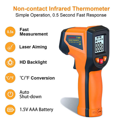 Non Contact Infrared Thermometer Gun With Fast Reading -58F To 1112F (-50C To 600C), 14 Inch Distance, Industrial Kitchen Automotive HVAC Temperature Gun, High Accuracy, Quick Scan, Safe Noncontact Temperature Measuring Tool. Orange plastic non-contact infrared thermometer gun with LCD screen