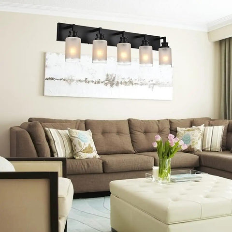 White Linen Frosted Glass Shade Replacement Set, 4 Pack Tall Cylinder Covers installed on wall sconce lighting in living room