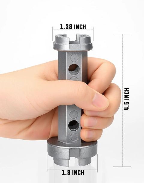Hand holding Workhorse Tub Drain Remover And Basin Wrench Dual Ended Ratchet showing size dimensions, aluminum body
