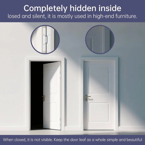 Hidden Door Hinges 6 Inch 2 Pack That Vanish In Frame Invisible Concealed Zinc Alloy 180 Degree Swing 3 Way Adjustable Butt Silent Door Hinge 6 By 2 Point 5 By 1 Inch Silver For Modern Interiors installed on white door