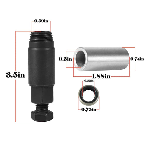 Transmission Shifter Seal Remover And Installer Tool DIY Friendly For Turbo 300 350 400 700-R4 4L60 200-4R 200C 350C 425 475 Includes Replacement Seal Kit And Guide For Quick Safe Seal Removal And Installation. black and silver tool with 3.5in length and measured parts