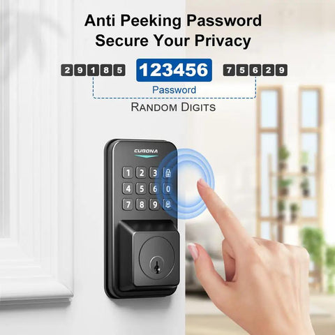Keyless Entry Door Lock With Smart Knob Set And App Control Generating One Hundred Secure Pin Codes For Family Or Guest Access No Hassle Diy Install And Rock Solid Weather Proof Performance, close-up of keypad with user inputting code.