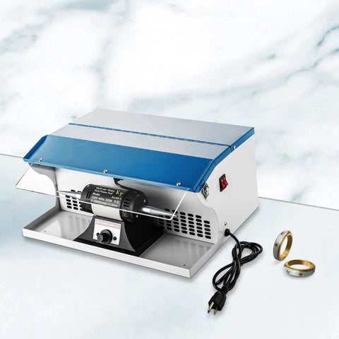 200W Jewelry Polishing Machine Desktop Buffing Tool With Light 110V 0 To 10000 RPM beside rings on marble surface