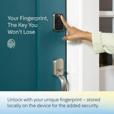 Dead Nuts Smart Deadbolt Featuring Zwave Connectivity And Touchscreen Keypad For Keyless Entry Remote Unlocking And Straight Up Simple Smart Home Setup In Black Suede Finish with fingerprint reader on a teal door.