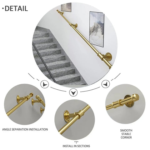 Heavy Duty Wrought Iron Stair Banister And Wall Mounted Safety Grab Bar With Adjustable Length For Indoor And Outdoor Use, angled view of railing on stairs.