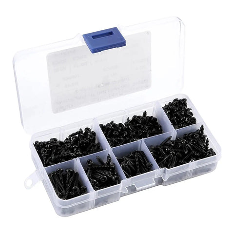 Two Pack 500 M3 Black Pan Head Cross Self Tap Wood Screws in storage box, dual end locking design for easy hidden wood joints