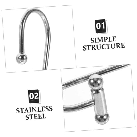 Close-up of 12 Piece Rust Resistant Shower Curtain Hooks Curved Rings Silver Finish showing simple structure and stainless steel