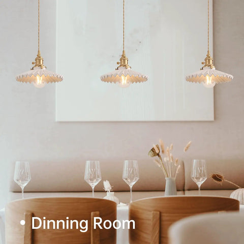 White Pleated Ceramic Shade Brass Vintage Pendant Light With Adjustable 59 Inch Chain for Dining Room