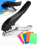 Heavy Duty Three Eighths Inch Single Hole Punch For Paper Crafts Portable Ten mm Circle Hole Puncher With Five Color Self Adhesive Stickers Pro Grade Cardboard PVC Paper And Craft Projects, showing black punch with colorful stickers