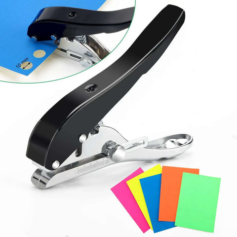 Heavy Duty Three Eighths Inch Single Hole Punch For Paper Crafts Portable Ten mm Circle Hole Puncher With Five Color Self Adhesive Stickers Pro Grade Cardboard PVC Paper And Craft Projects, showing black punch with colorful stickers