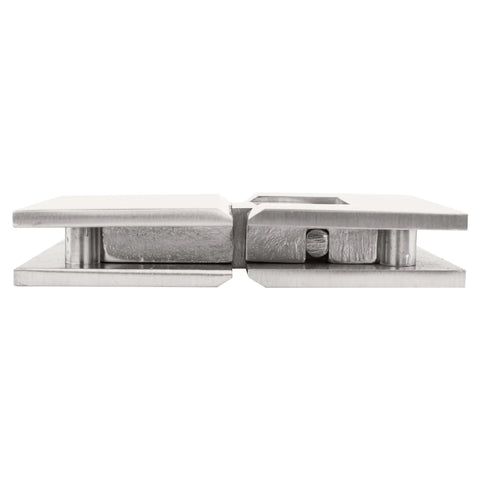 Badass Tough Solid Brass Glass To Glass Hinge In Sleek Satin Chrome showcasing smooth design for frameless shower doors.
