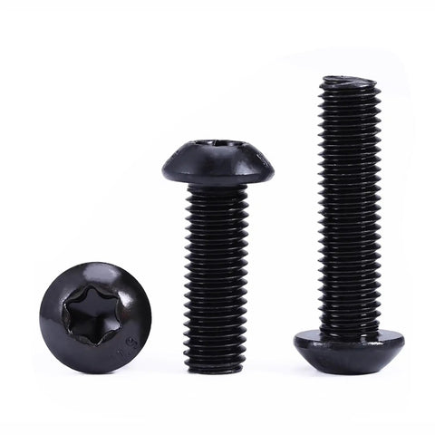 Top Shelf 75 Piece M6 Button Head Torx Machine Screw Kit Featuring Rock Solid Grade 10.9 Alloy Steel Construction And Black Oxide Finish, Includes T30 Hex Wrench For Heavy Duty Automotive Repairs, showing black screws.
