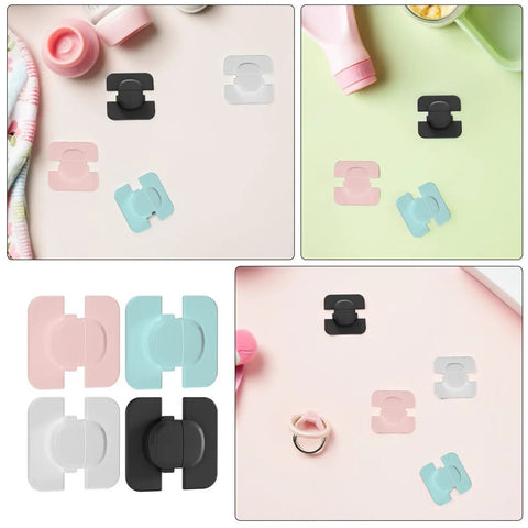 Four Pack Easy Install Refrigerator Door Locks For Childproofing Your Fridge And Freezer Cabinets Safe ABS Plastic Locks With Strong Adhesive For Home Use in multiple colors on a pastel background.